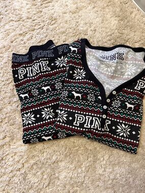 PINK Black Fair Isle Dog-Print Button-Up Pajama Set